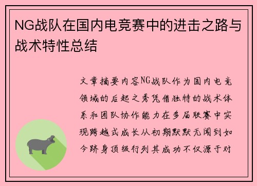 NG战队在国内电竞赛中的进击之路与战术特性总结