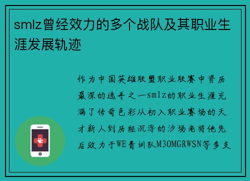 smlz曾经效力的多个战队及其职业生涯发展轨迹